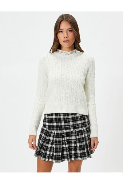 Koton Pulover din tricot texturat cu mânecă lungă cu guler din dantelă