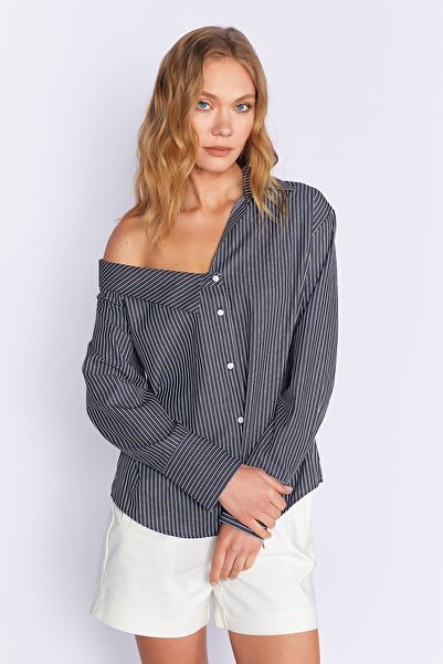 EDITION WOMAN Cămașă cu mânecă lungă cu dungi negre cu croială asimetrică - A...