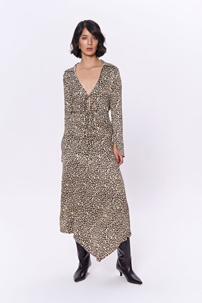 Quzu Leopar Desenli Saten Midi Etek Bej