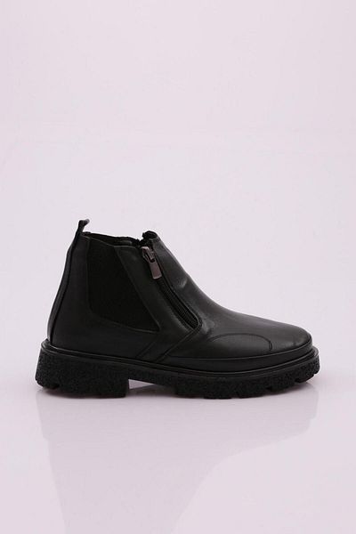 DGN 20300 Women's Rubber Detailed Zippered Boots Black Genuine Leather
