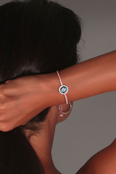 SUNSHINE 925 Ayar Rose Kaplamalı Beyaz Zirkon Taşlı Yuvarlak Nazar Göz Gümüş Bileklik