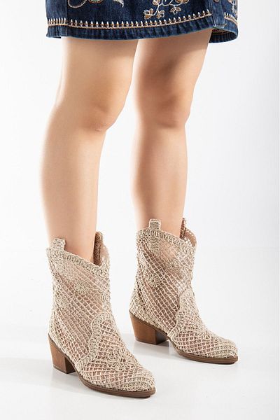 SEEM & BE Lotus Beige Lace Fabric Summer Western Cowboy Women's Boots