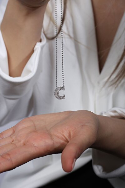 SUNSHINE 925 Ayar Rodyum Kaplamalı Pırlanta Görünümlü C Harfi Gümüş Kolye