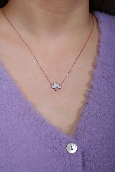 SUNSHINE 925 Ayar Rose Kaplamalı Beyaz Sedef Taşlı Ve Beyaz Zirkon Taşlı Bulut Tasarım Gümüş Kolye