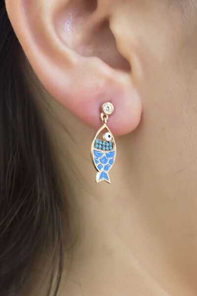 SUNSHINE 925 Ayar Rose Kaplamalı Firuze Taşlı Lacivert Mineli Balık Gümüş Küpe