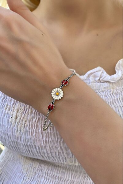 SUNSHINE 925 Ayar Rodyum Kaplamalı Uğur Böcekli Papatya Gümüş Bileklik