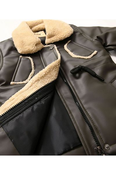 Go Veform Fur Collar Leather Coat for Baby Girl and Child - Khakiavm2104