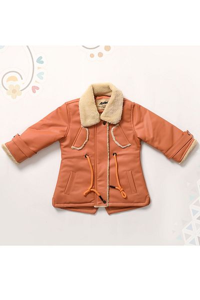 Go Veform Baby Girl and Children's Leather Coat with Fur Collar - Salmonavm2104