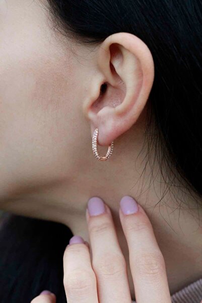 SUNSHINE 925 Ayar Rose Kaplamalı Beyaz Taşlı Minimal Oval Gümüş Küpe