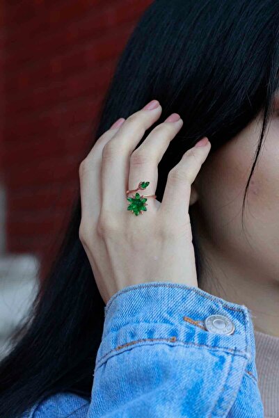 SUNSHINE 925 Ayar Rose Kaplamalı Yeşil Taşlı Çiçek El Işlemesi Gümüş Yüzük