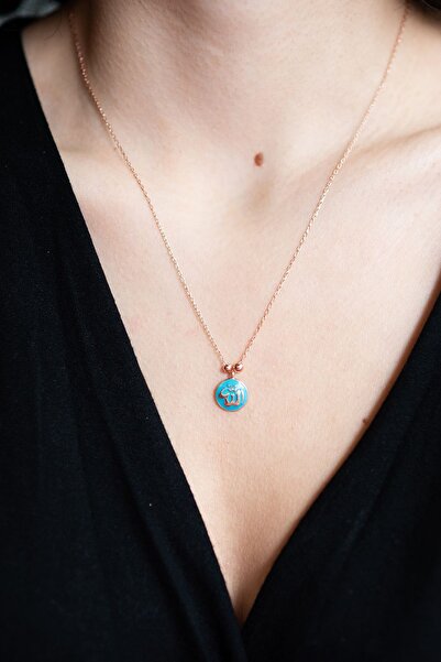 SUNSHINE 925 Ayar Rose Kaplamalı Turkuaz Mineli Allah Yazılı Gümüş Kolye