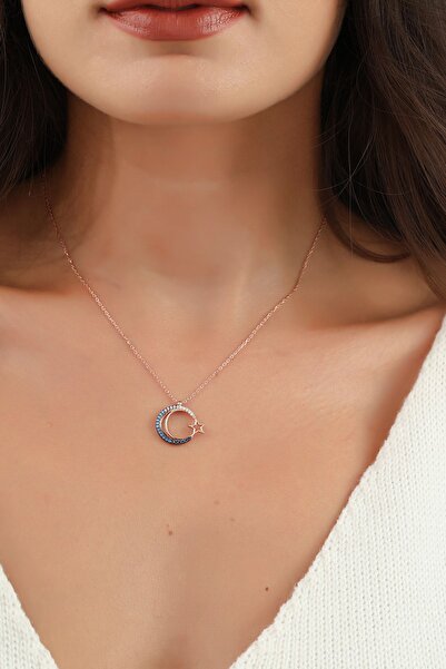 SUNSHINE 925 Ayar Rose Kaplamalı Mavi Taşlı Ay Yıldız Gümüş Kolye