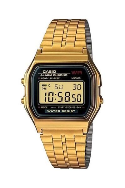 Casio ساعة نسائية رقمية عتيقة بمينا أسود وحزام من الفولاذ المقاوم للصدأ باللون الذهبي - A159WGEA-1D