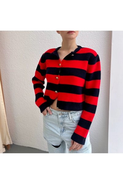 Generic Brand Women's Red Striped Crew Neck Gold Buttoned Crop Knitwear Cardigan