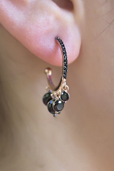 SUNSHINE 925 Ayar Rose Kaplamalı Sallantılı Siyah Taşlı Şakira Halka Gümüş Küpe