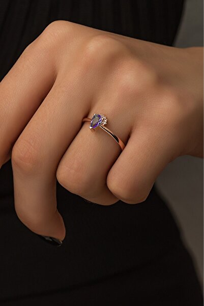 SUNSHINE 925 Ayar Rose Kaplamalı Dikdörtgen Mor Baget Taşlı Minimal Zarif Güm...