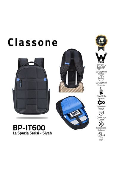 Classone Bp-ıt600 Laspezia Series 15.6"wtxpro Waterproof Fabric And Zipper Laptop Backpack-black