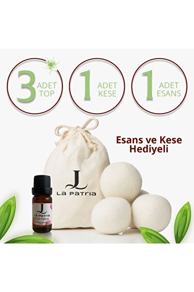 LaPatria 3 Adet Xxxl Yün Çamaşır Kurutma Makinası Topu (KESE VE ESANS YAĞ 10ML HEDİYE)