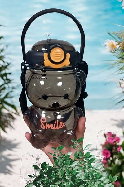 Madamev 1000ml Transparent Smile Teddy Bear Black Water Bottle with Strap - Leak Proof and Odorless Water Bottle with Straw