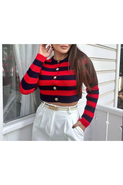 Generic Brand Women's Red Striped Crew Neck Gold Buttoned Crop Knitwear Cardigan