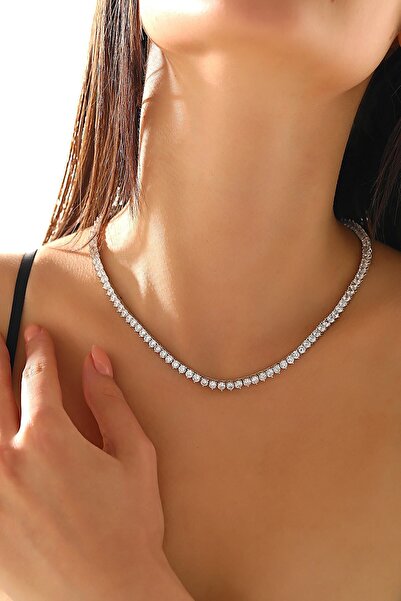 SUNSHINE 925 Ayar Rodyum Kaplamalı 3 Tırnak Pırlanta Montür 3mm Su Yolu Gümüş Kolye