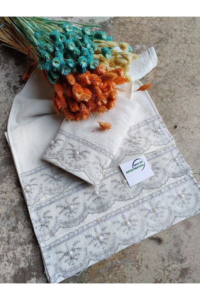 havlu dünyası 12-Piece Lace Tulle Pouch Gift Ecru Color Gray Lace Velvet Kitchen Towel (30×50 cm)