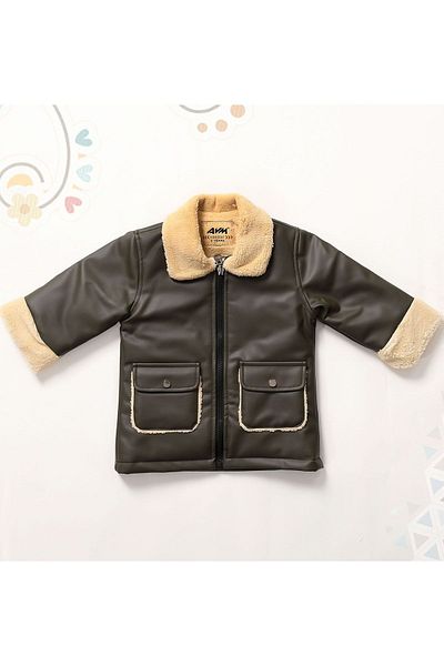 Go Veform Khaki Colored Baby Girl and Kids Leather Coat - Avm2103
