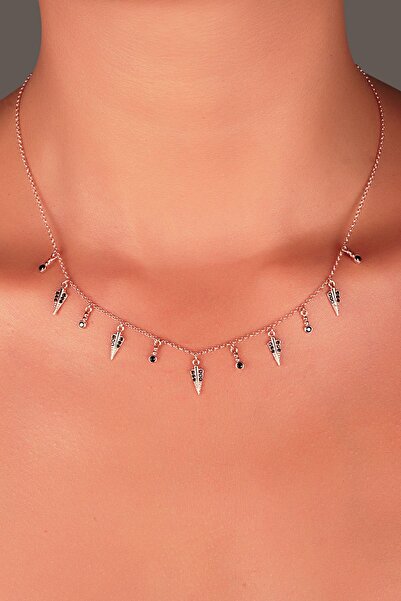 SUNSHINE 925 Ayar Rose Kaplamalı Siyah Taşlı Ok Tasarım Gümüş Kolye