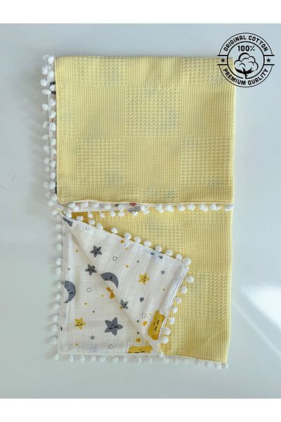 Jaju Baby 100X100 cm Yellow Waffle Pique - Multi-Purpose Blanket with Muslin Pompom