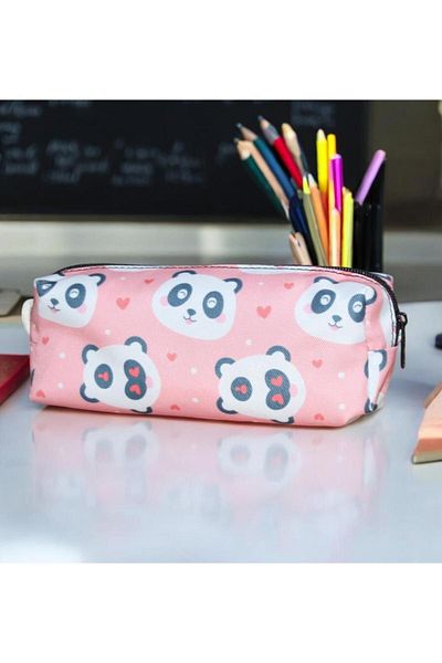 Nostaljik Lezzetler Pink Sweet Pencil Holder with Panda Pattern - School and Makeup Bag