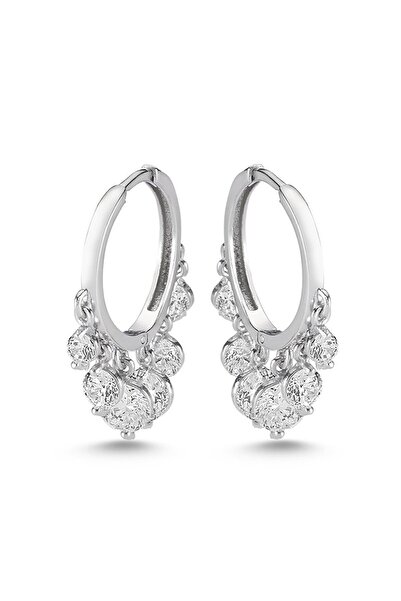 SUNSHINE 925 Ayar Rodyum Kaplamalı Sallantılı Beyaz Taşlı Halka Gümüş Küpe