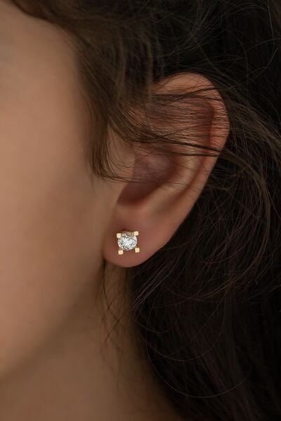 SUNSHINE EUROSTAR 4mm Tek Taşlı Gold Kaplamalı Gümüş Küpe