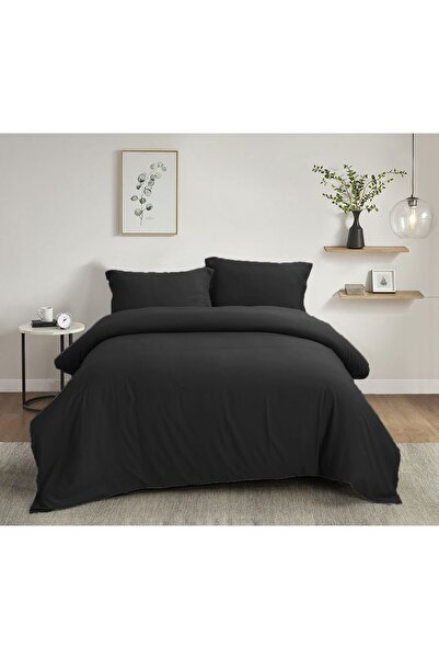 LİNDOA 90 x 200 Lastikli Çarşaflı Düz Renk Tek Kişilik Nevresim Takımı Siyah
