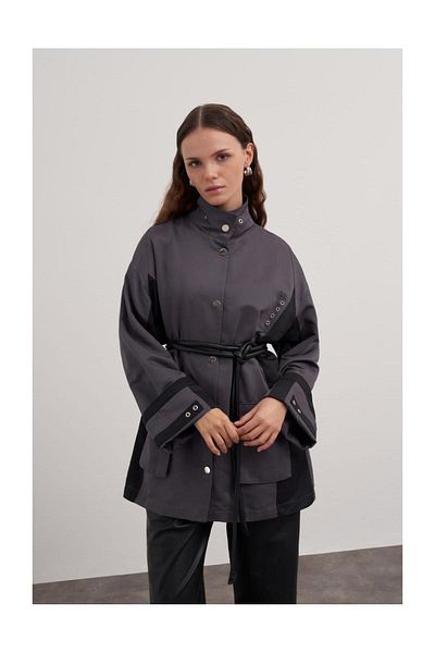 FUSHYA Leather Garnished and Belted Short Trench Coat