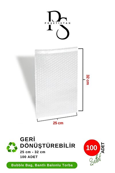 POŞETİSTAN Bantlı Balonlu Kargo Poşeti 25 x 32 cm + 5 cm Kapak Bantlı 100 Adet