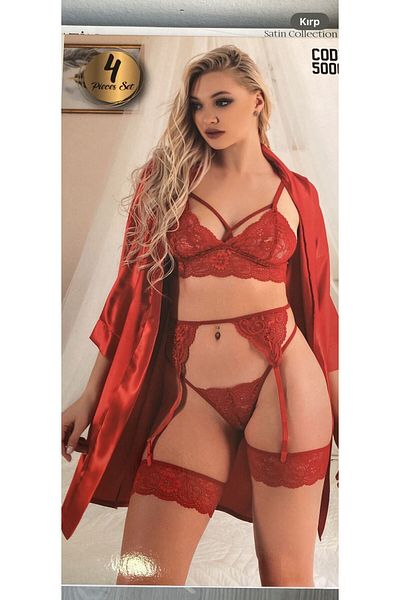 ESİLORA Women's Fantasy Sexy Lace Detail Nightgown with Garter Belt Stylish Design 4-Piece Costume with Dress