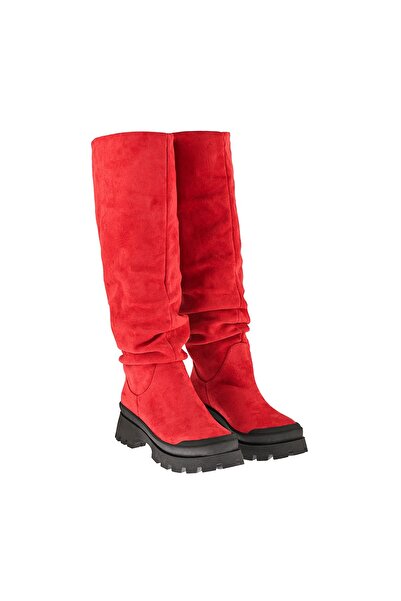NOOSY Körüklü Kırmızı Kalın Taban Kadın Uzun Çizme