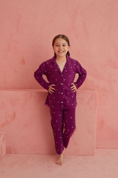 ELİTOL Mor Kalp Desenli Önden Düğmeli Polar Pijama Takım