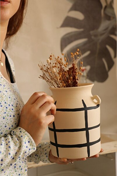 Hoyatap El Yapımı Çizgili Kulplu Seramik Büyük Vazo / Kaşıklık