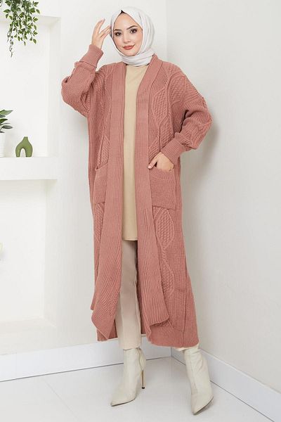 hafsamina Dried Rose Knitwear Cardigan - Shawl Collar and Pocket Hm2534