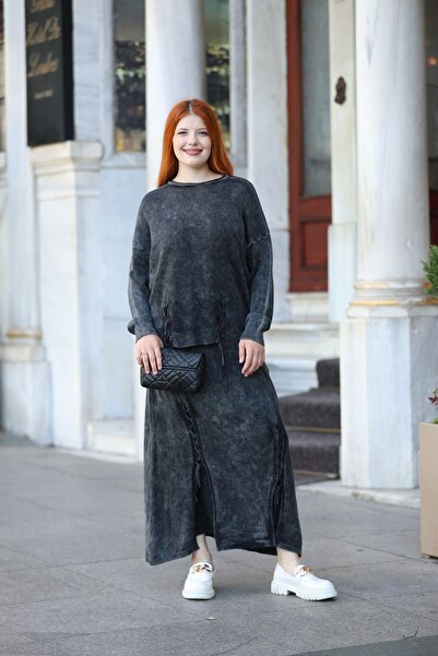 Generic Brand Tricotaj din bumbac negru cu gât rotund Set 2 piese - Bluză și ...