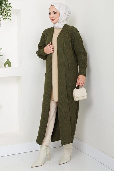 hafsamina Khaki Knitwear Shawl Collar Pocket Cardigan - Hm2534