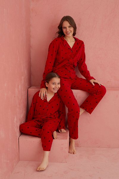 ELİTOL Red Heart Patterned Elastic Fleece Pajamas Set - 30 Degree Washable - B