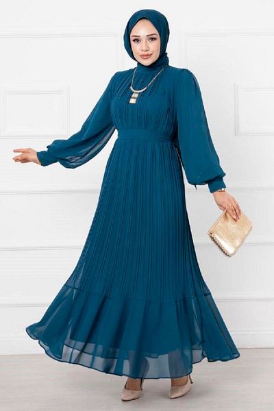 Marjinal Organza Sleeve Hijab Petrol Evening Dress