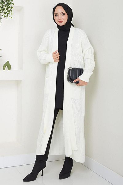 hafsamina White Knitwear Cardigan - Shawl Collar and Pocket Hm2534