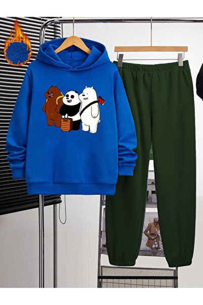 Heybely Kids Kafadar Ayılar Baskılı Çocuk Eşofman Takımı İki İplik Şardonlu İçi Polarlı