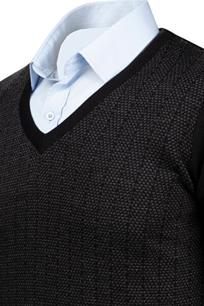 Çizgi Triko Men's V-Neck Striped Knitwear Sweater - Patterned Sleeve and Waist Elastic, Steel Knit Classic - 5007D