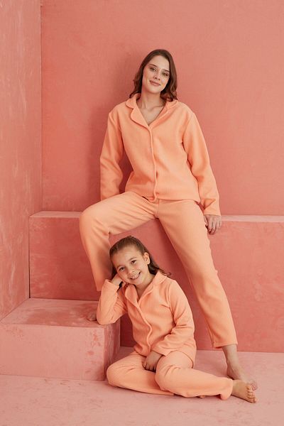 ELİTOL Fleece Pajama Set - Flat Front Buttoned Salmon