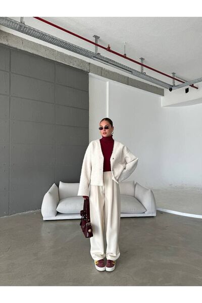 Zey Studio Women's Ecru Gray V-Neck Double Button Detailed Stamp Jacket