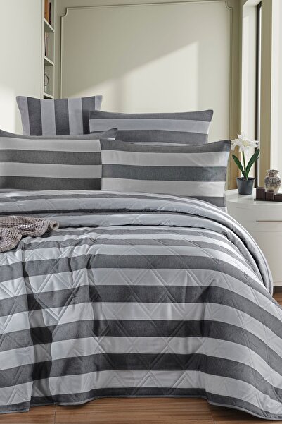 Enlora Home Max Yollu Saten Çok Amaçlı Örtü Tek Kişilik Siyah